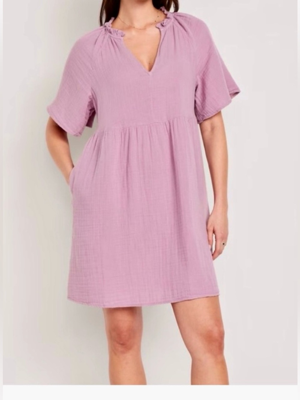 Old Navy Womens L, Split-Neck Crinkle Gauze Mini Swing Dress Mauve Purple.